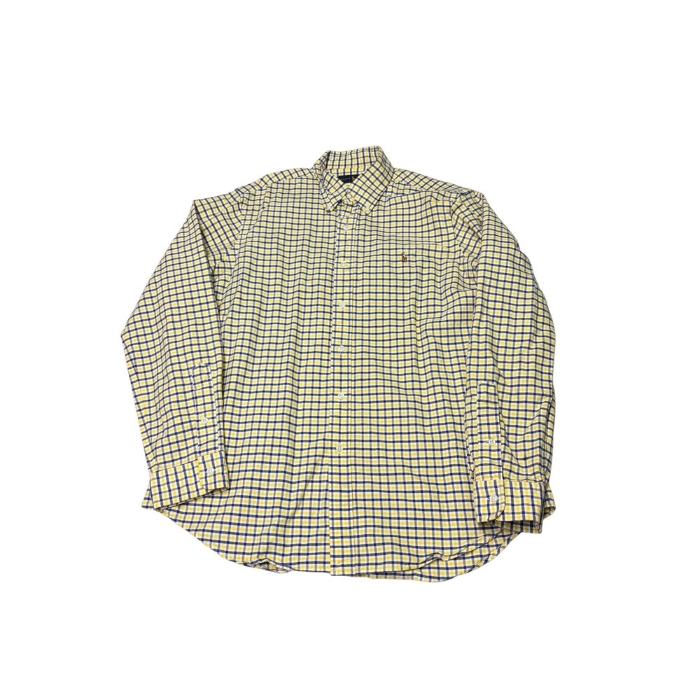 Polo Ralph Lauren Men Large Yellow Navy Gingham Check Button Down oxford Shirt L